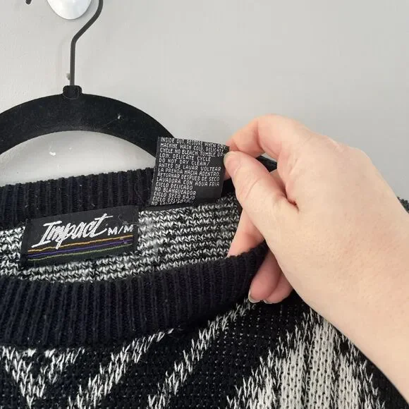 Vintage 80s Impact Diamond Knit Sweater Black White Leather Patch Size Medium - Picture 5 of 6